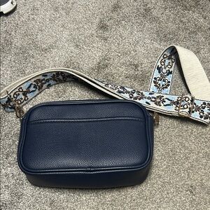 Navy Pebbled Leather Crossbody Bag with Embroidered Strap